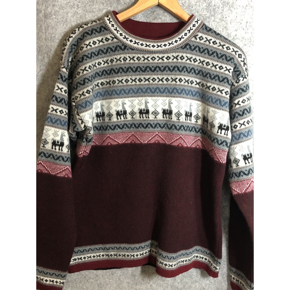 Vintage Andean Sweater Mens Medium Maroon Alpaca Wool Fair Isle